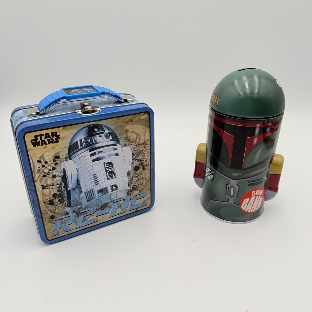 Star Wars R2-D2 Tin Carry All Lunch Box & Boba Fett Coin Bank Set S Collectible